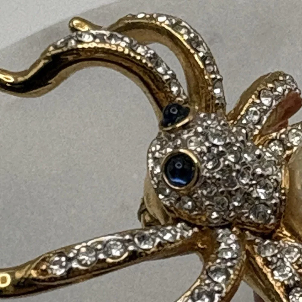 Vintage Swarovski Spider Brooch Pin Gold Tone Faux Pearl 22K Gold Plated